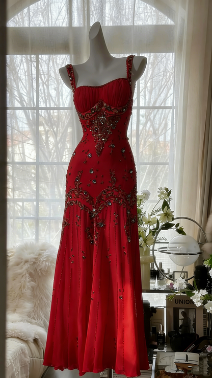 Vintage elfenbeinfarbenes Chiffon-Meerjungfrauen-Ballkleid mit Perlen P3293