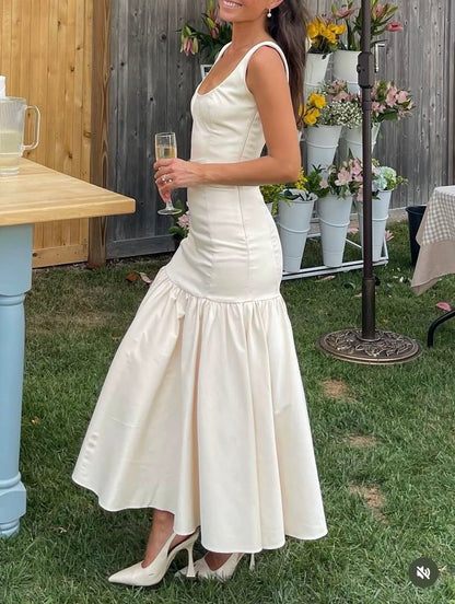 Robe de Soirée de Bal Longue Sirène Vintage à Volants Blancs Col Carré Robes Formelles P2476