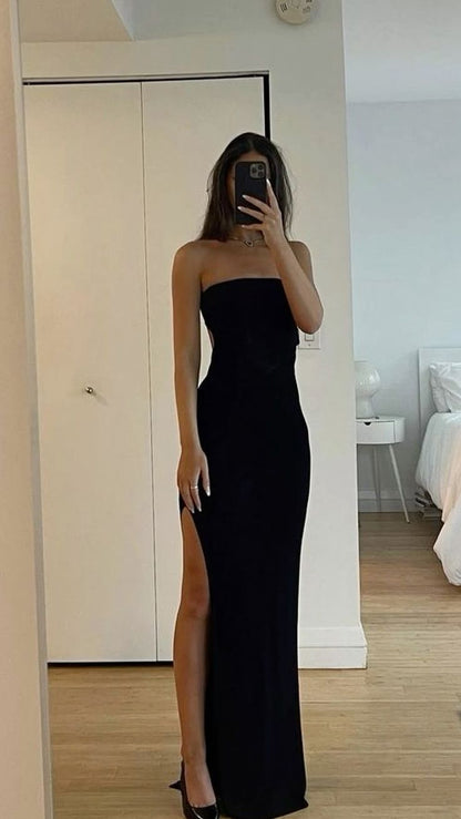 black strapless dress with slit Black Satin Strapless A-line With High Slit Simple Prom Dresses, CP1042