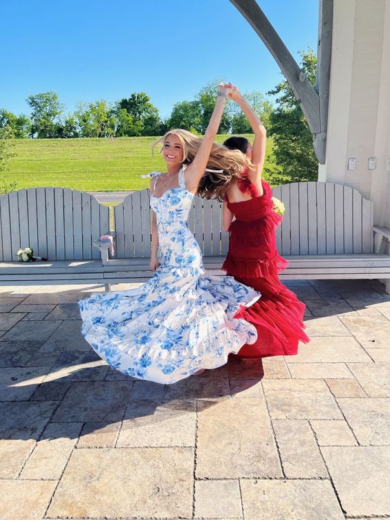 Sexy A line Long Blue Floral Prom Dress Blue and White Party Dresses P PreppyDress Sexy A line Long Blue Floral Prom Dress Blue and White Party Dresses P PreppyDress