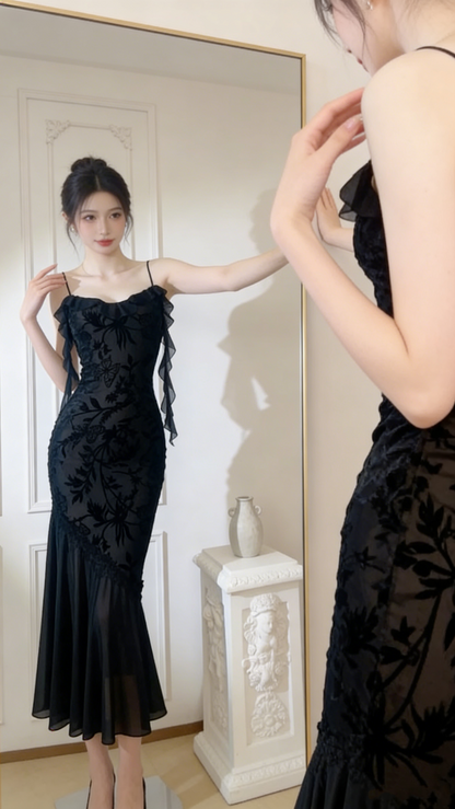 Chic Sheath Spaghetti Straps Black Evening Dress Long Prom Dresses P2359