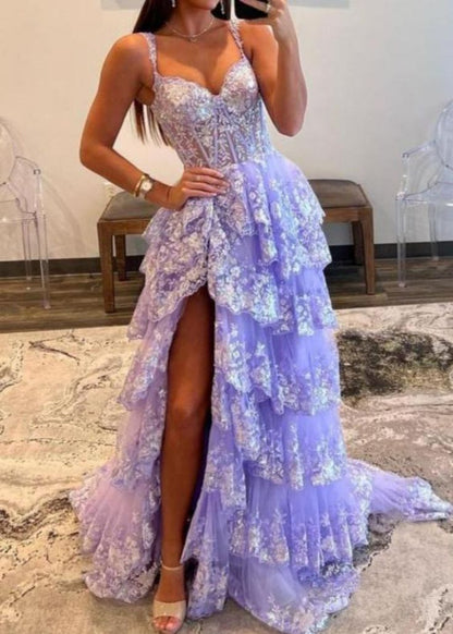 Robe de bal longue bleu marine en tulle et paillettes avec col bustier et coupe trapèze P631