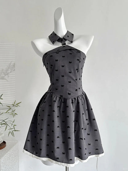 Vintage Grau Bedrucktes Revers A-Linie Kurzes 17. Geburtstag Homecoming Kleid P3995