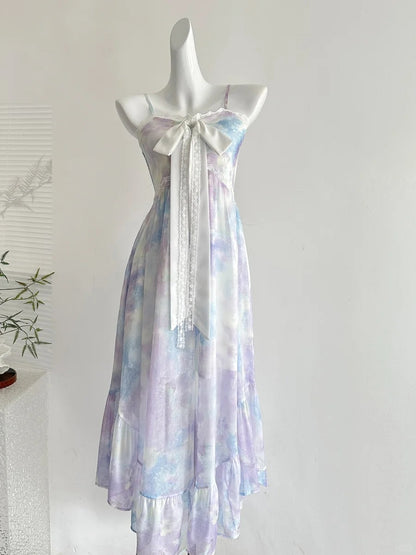 Süßes langes Ballkleid Abendkleid aus Chiffon mit A-Linie, Trägern und Schleife in Lila und Blau im Farbverlauf P4007