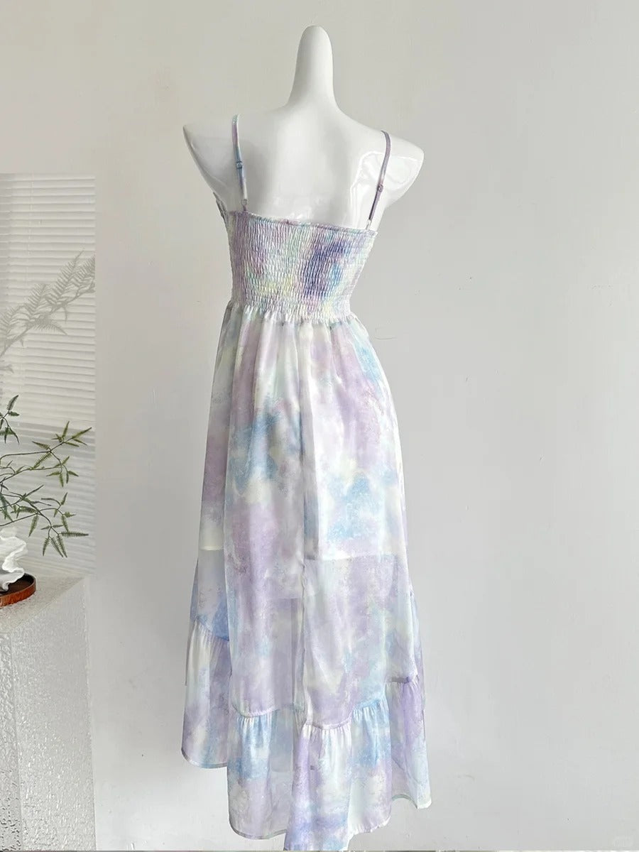 Sweet Purple And Blue Gradient A-line Suspender Bow Chiffon Long Prom Dress Evening Dress P4007