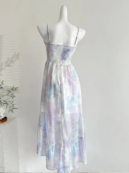 Süßes langes Ballkleid Abendkleid aus Chiffon mit A-Linie, Trägern und Schleife in Lila und Blau im Farbverlauf P4007