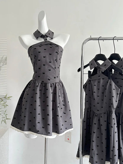 Vintage Grau Bedrucktes Revers A-Linie Kurzes 17. Geburtstag Homecoming Kleid P3995