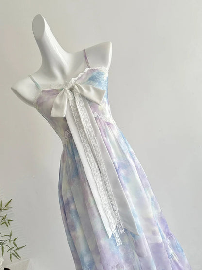 Süßes langes Ballkleid Abendkleid aus Chiffon mit A-Linie, Trägern und Schleife in Lila und Blau im Farbverlauf P4007