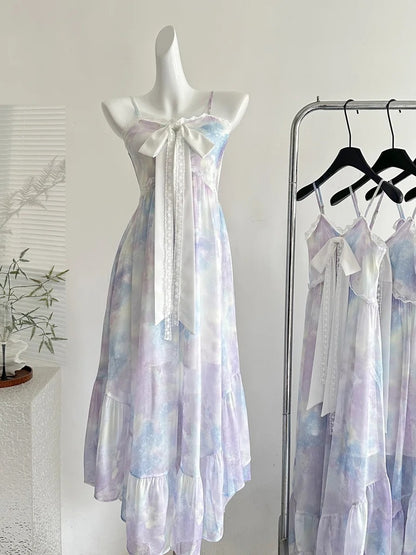Süßes langes Ballkleid Abendkleid aus Chiffon mit A-Linie, Trägern und Schleife in Lila und Blau im Farbverlauf P4007