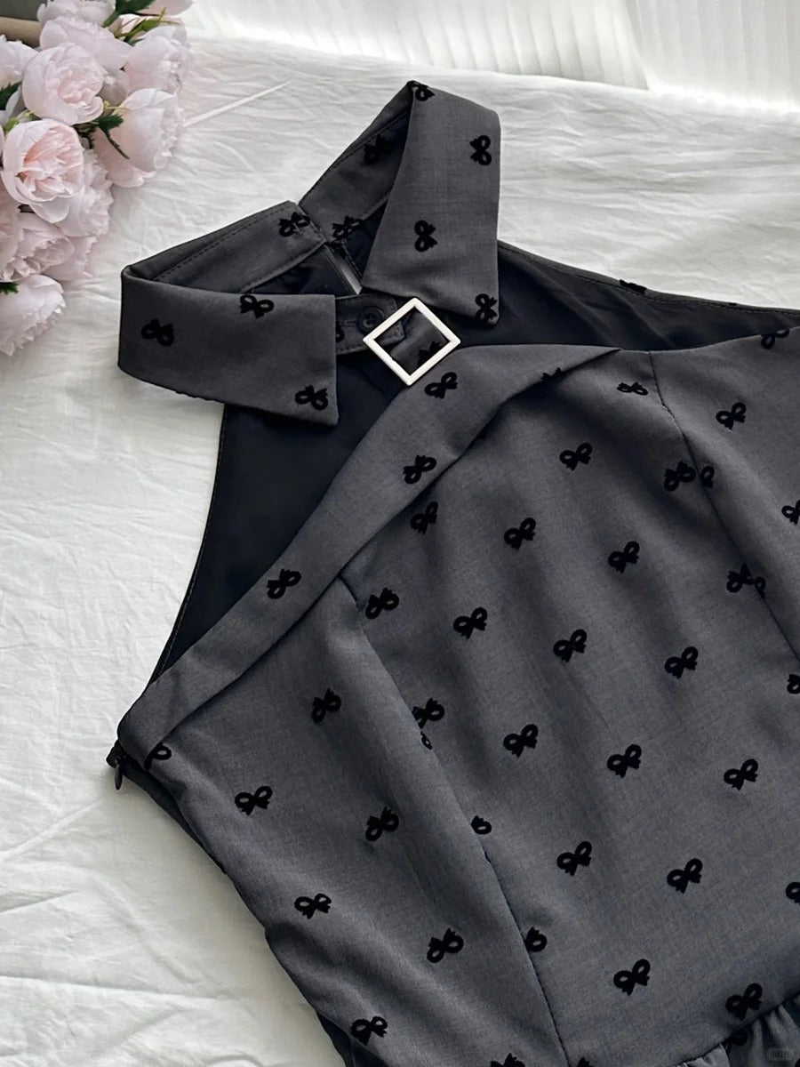 Vintage Grey Printed Lapel A-line Short 17th Birthday Homecoming Dress P3995