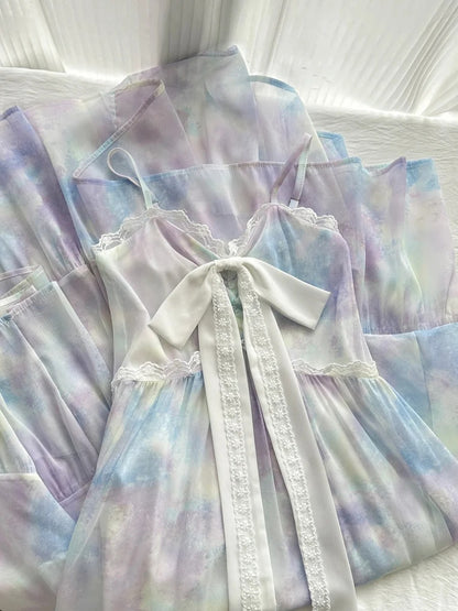 Süßes langes Ballkleid Abendkleid aus Chiffon mit A-Linie, Trägern und Schleife in Lila und Blau im Farbverlauf P4007