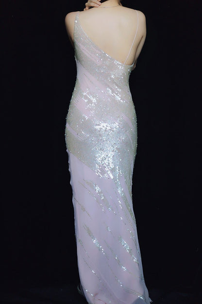 Verträumtes Meerjungfrau-Kleid mit V-Ausschnitt, Pailletten und Chiffon, langes Ballkleid Abendkleid P4703