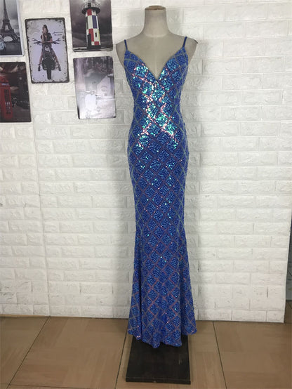 Glitzerndes königsblaues Meerjungfrauen-Abendkleid mit V-Ausschnitt, rückenfrei, Pailletten, langes Ballkleid P4707