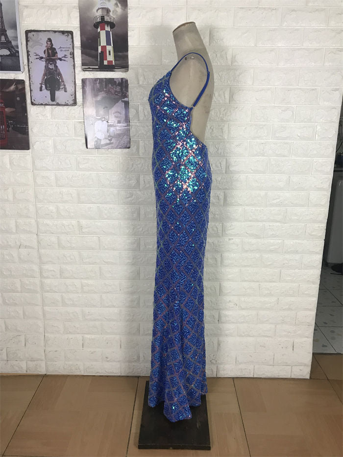 Glitzerndes königsblaues Meerjungfrauen-Abendkleid mit V-Ausschnitt, rückenfrei, Pailletten, langes Ballkleid P4707