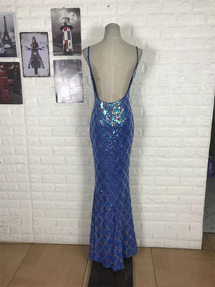 Glitzerndes königsblaues Meerjungfrauen-Abendkleid mit V-Ausschnitt, rückenfrei, Pailletten, langes Ballkleid P4707