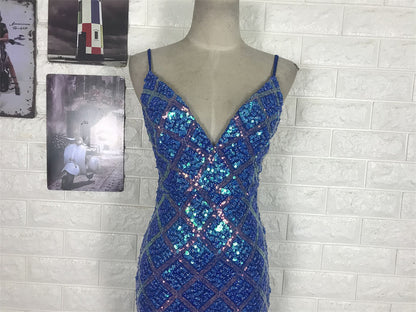 Glitzerndes königsblaues Meerjungfrauen-Abendkleid mit V-Ausschnitt, rückenfrei, Pailletten, langes Ballkleid P4707