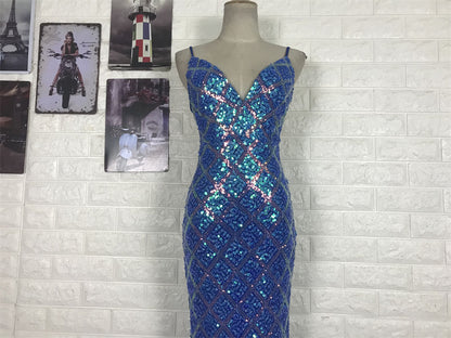Glitzerndes königsblaues Meerjungfrauen-Abendkleid mit V-Ausschnitt, rückenfrei, Pailletten, langes Ballkleid P4707