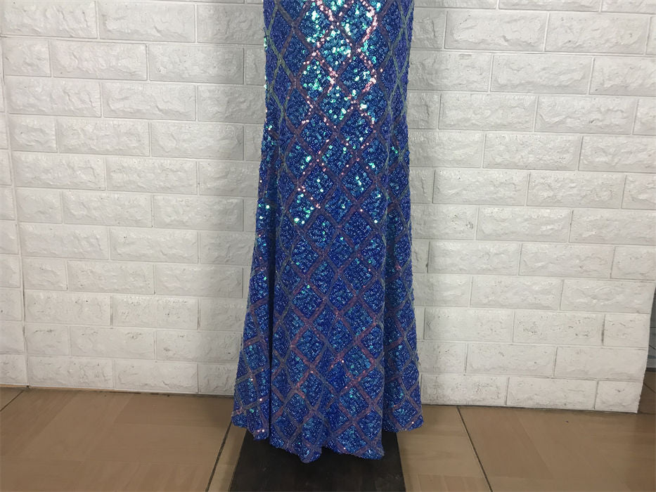 Glitzerndes königsblaues Meerjungfrauen-Abendkleid mit V-Ausschnitt, rückenfrei, Pailletten, langes Ballkleid P4707
