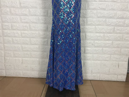 Glitzerndes königsblaues Meerjungfrauen-Abendkleid mit V-Ausschnitt, rückenfrei, Pailletten, langes Ballkleid P4707