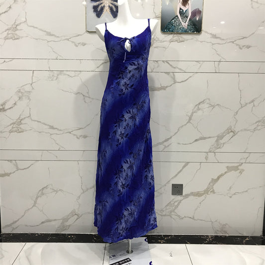 Élégante Robe de Bal Longue en Chiffon Bleu Roi à Bretelles Fines, Imprimée et Ceinturée P4708