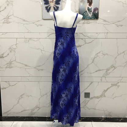 Elegantes, königsblaues, langes Chiffon-Ballkleid mit Spaghettiträgern und Printmuster, zum Binden in der Taille, Abendkleid P4708