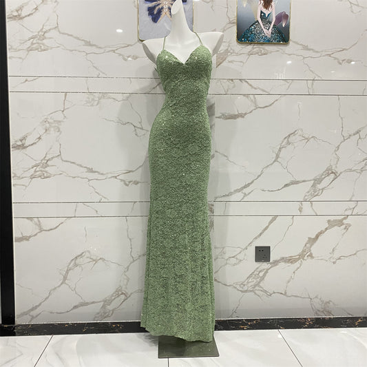 Élégante Robe de Bal Longue Vert Avocat Sirène en Dentelle à Paillettes avec Col Halter et Décolleté en V P4710