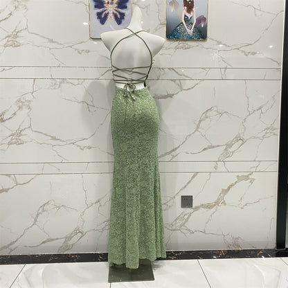 Elegantes, avokadogrünes Neckholder-Abendkleid mit V-Ausschnitt, Meerjungfrauen-Pailletten und Spitze, langes Ballkleid P4710