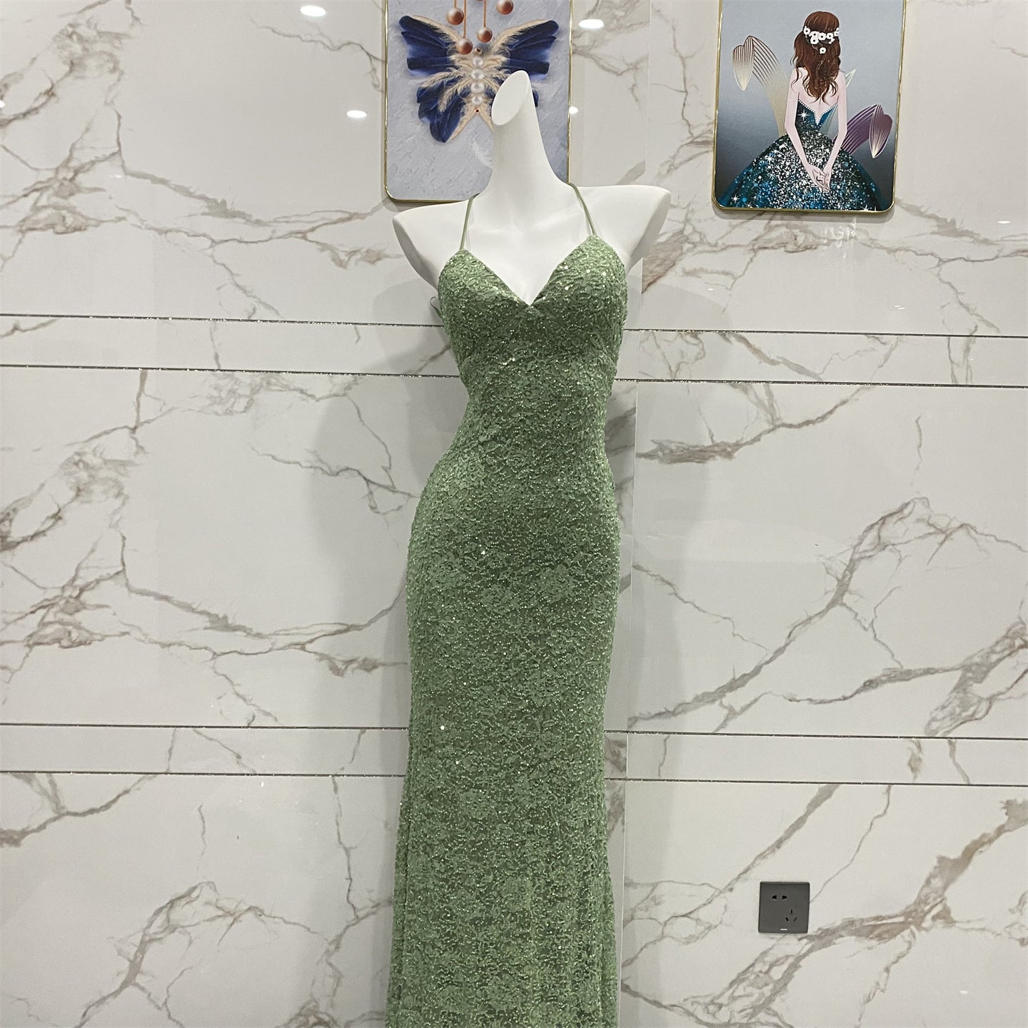 Elegant Avocado Green Halter V-Neck Mermaid Sequin Lace Long Prom Dres – PreppyDress