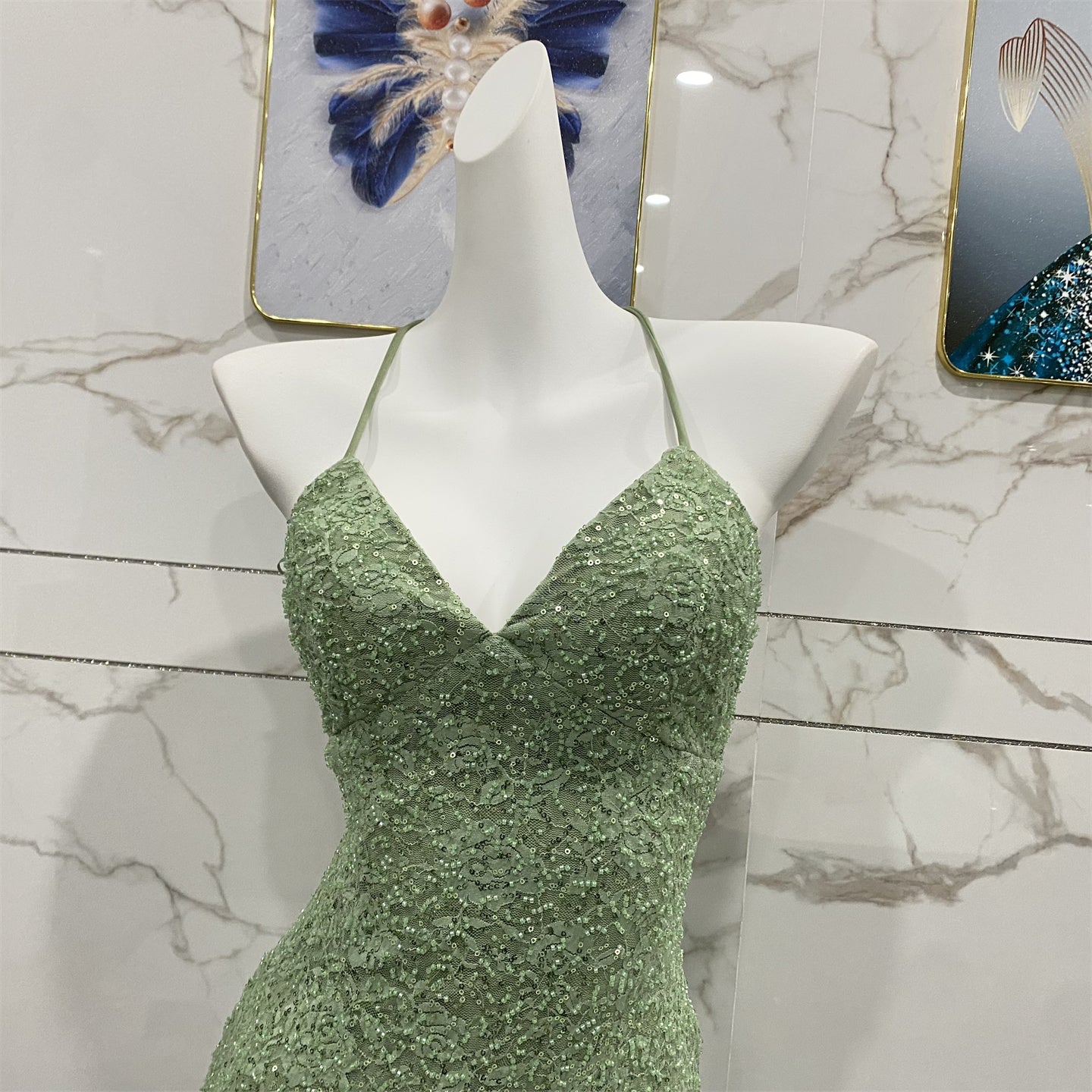 Elegant Avocado Green Halter V-Neck Mermaid Sequin Lace Long Prom Dres PreppyDress Elegant Avocado Green Halter V-Neck Mermaid Sequin Lace Long Prom Dres PreppyDress