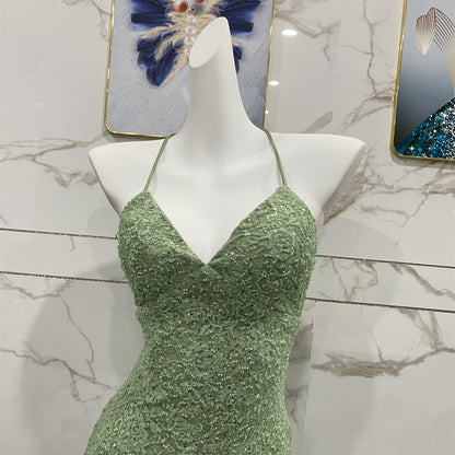 Elegantes, avokadogrünes Neckholder-Abendkleid mit V-Ausschnitt, Meerjungfrauen-Pailletten und Spitze, langes Ballkleid P4710