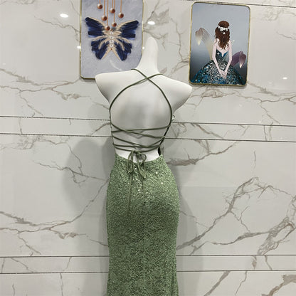 Elegantes, avokadogrünes Neckholder-Abendkleid mit V-Ausschnitt, Meerjungfrauen-Pailletten und Spitze, langes Ballkleid P4710