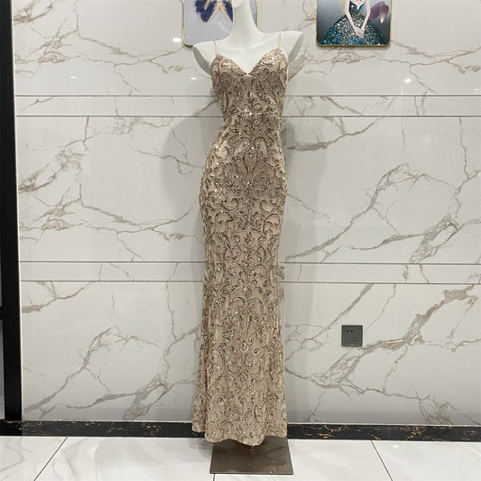 Robe de soirée longue sirène à paillettes, col en V, bretelles fines, couleur champagne doré vintage P4711