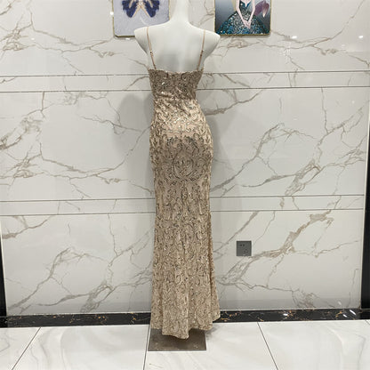 Vintage Champagner Gold Spaghettiträger V-Ausschnitt Meerjungfrau Pailletten Langes Ballkleid Abendkleid P4711