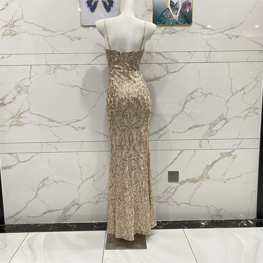 Robe de soirée longue sirène à paillettes, col en V, bretelles fines, couleur champagne doré vintage P4711