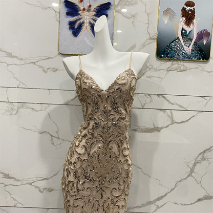 Vintage Champagner Gold Spaghettiträger V-Ausschnitt Meerjungfrau Pailletten Langes Ballkleid Abendkleid P4711