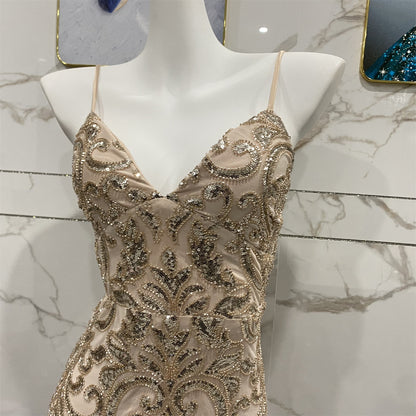 Vintage Champagner Gold Spaghettiträger V-Ausschnitt Meerjungfrau Pailletten Langes Ballkleid Abendkleid P4711