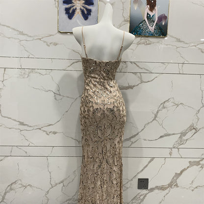 Vintage Champagner Gold Spaghettiträger V-Ausschnitt Meerjungfrau Pailletten Langes Ballkleid Abendkleid P4711