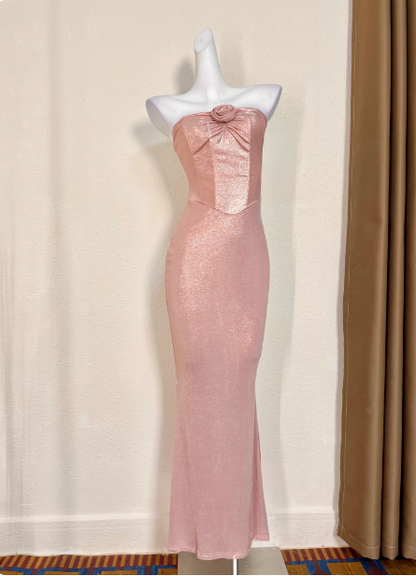 Süßes rosafarbenes Meerjungfrauen-Trägerloses 3D-Blumenapplikationen-Satin-Langes Ballkleid Abendkleid P4712