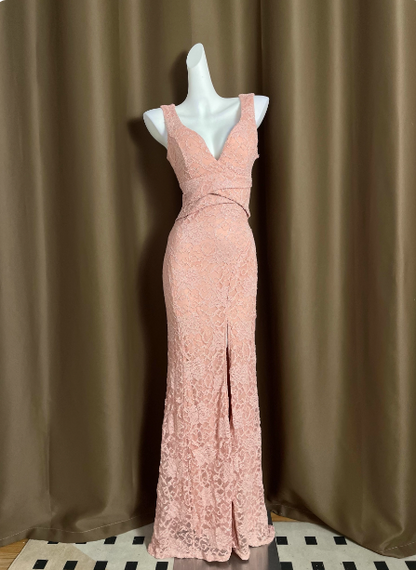 Elegantes rosa tiefes V-Ausschnitt Meerjungfrauen-Spitzenkleid mit Schlitz, langes Ballkleid Abendkleid P4713