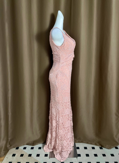 Elegantes rosa tiefes V-Ausschnitt Meerjungfrauen-Spitzenkleid mit Schlitz, langes Ballkleid Abendkleid P4713