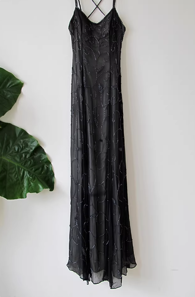 Vintage schwarzes Spaghetti-Träger-Kleid mit eckigem Ausschnitt, überkreuztem Rücken, Perlen und Chiffon, langes Ballkleid, Abendkleid P4715