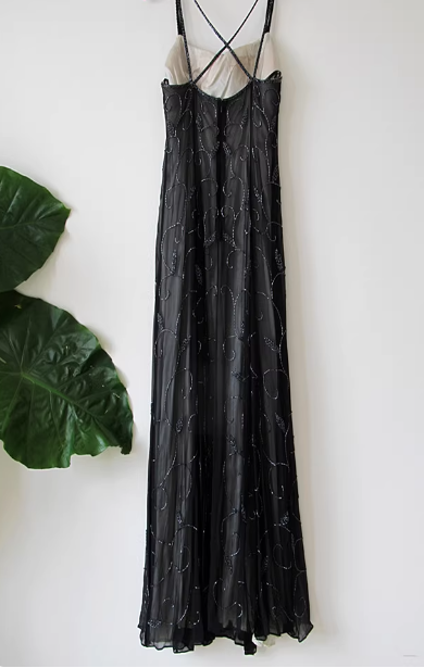 Vintage schwarzes Spaghetti-Träger-Kleid mit eckigem Ausschnitt, überkreuztem Rücken, Perlen und Chiffon, langes Ballkleid, Abendkleid P4715