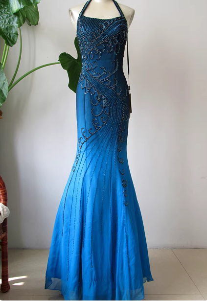 Robe de bal longue en mousseline avec perles, coupe sirène, dos nu, dégradé bleu vintage P4716