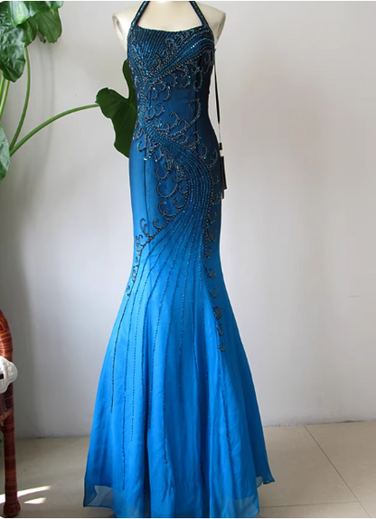 Vintage Abendkleid Meerjungfrau mit Neckholder in Blau mit Farbverlauf Perlen Chiffon Lang P4716