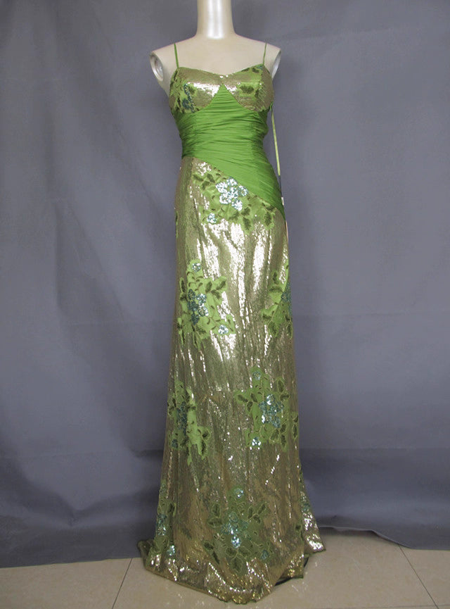 Vintage Avocado-Grün Gold Pailletten Spaghettiträger Plissiert Langes Ballkleid Abendkleid P4717