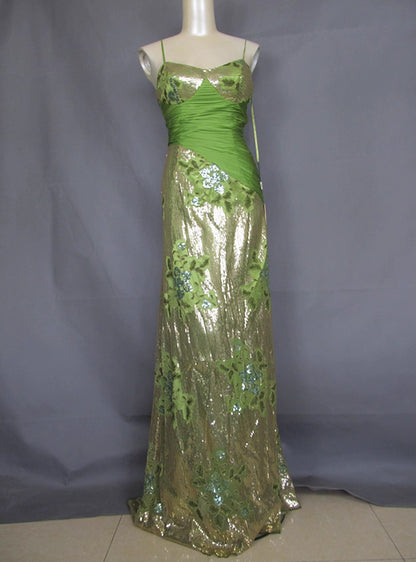 Vintage Avocado-Grün Gold Pailletten Spaghettiträger Plissiert Langes Ballkleid Abendkleid P4717