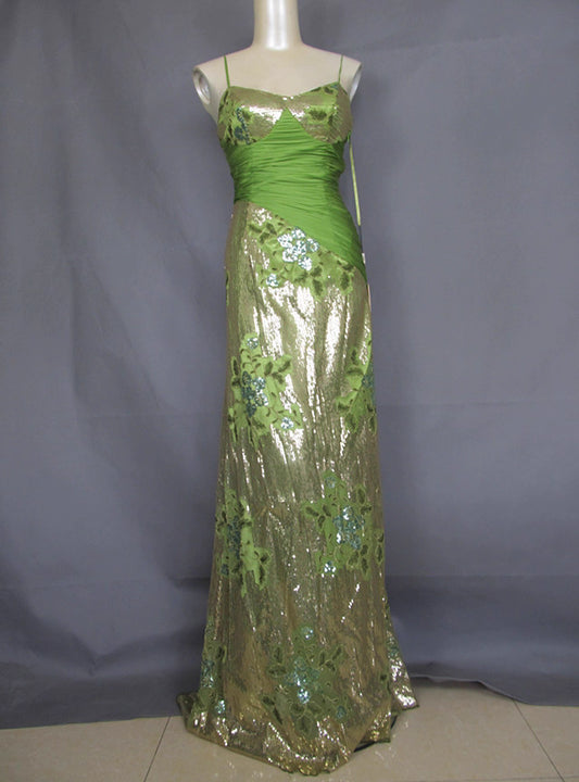 Robe de Soirée Longue Plissée Vintage Vert Avocat Paillettes Dorées à Bretelles Fines P4717