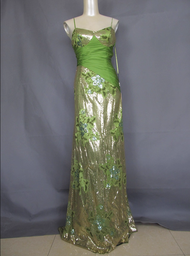 Vintage Avocado-Grün Gold Pailletten Spaghettiträger Plissiert Langes Ballkleid Abendkleid P4717