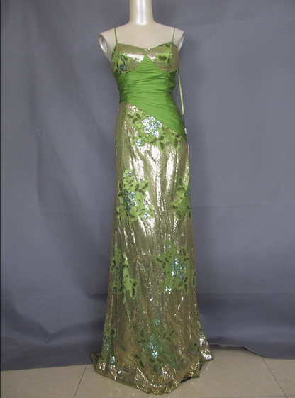 Vintage Avocado-Grün Gold Pailletten Spaghettiträger Plissiert Langes Ballkleid Abendkleid P4717