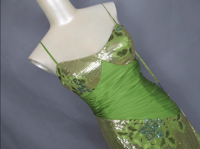 Vintage Avocado-Grün Gold Pailletten Spaghettiträger Plissiert Langes Ballkleid Abendkleid P4717